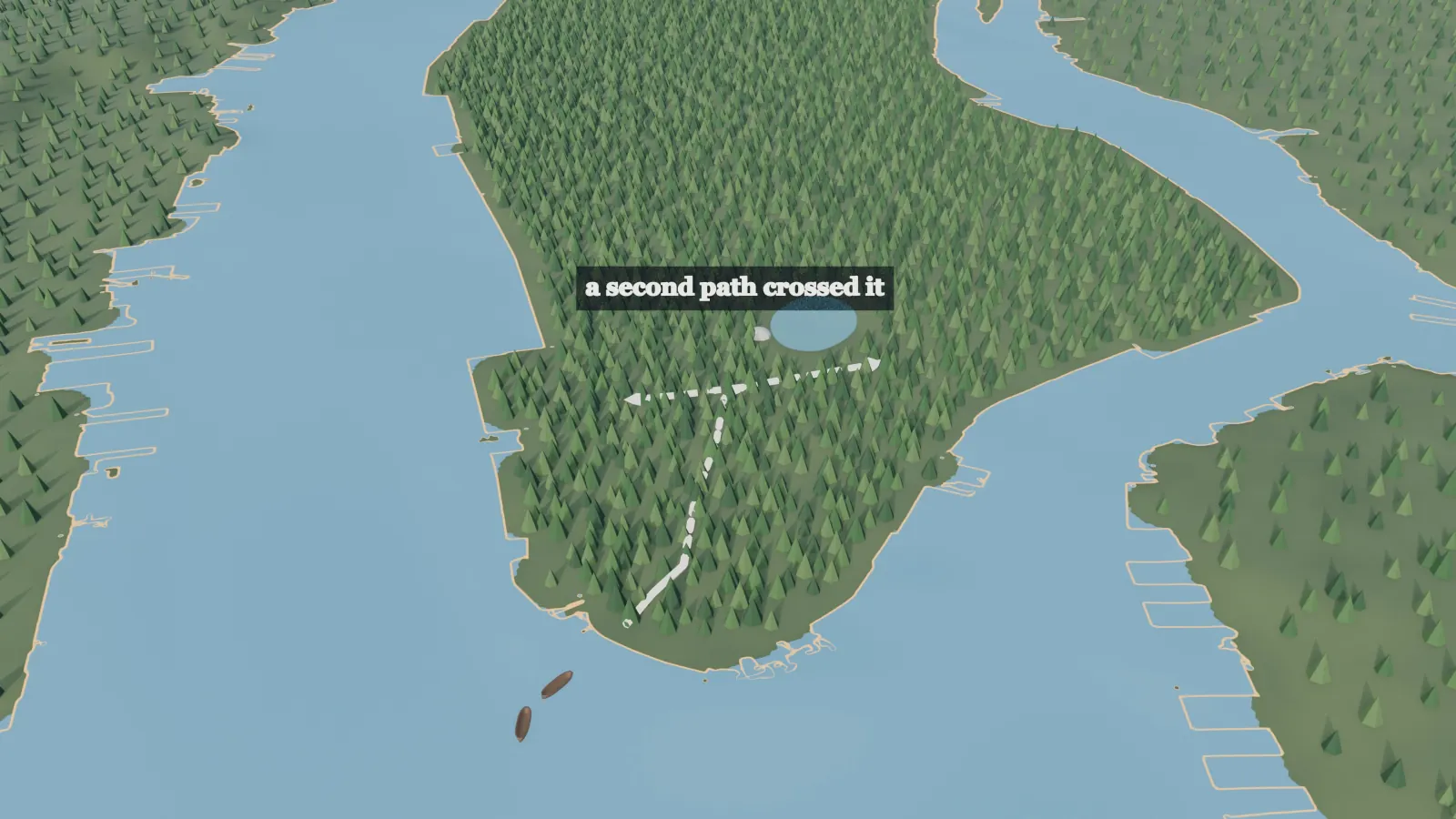 Animated map of Manhattan before 1609, forested, with a main path running north from the island's southern tip and a second path crossing it.