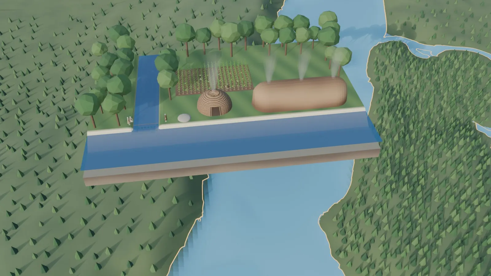 The Ice and the People: an animated model of a Lenape settlement on a block of land above the harbor, with a stream, a cornfield, a round bark house and a long house.
