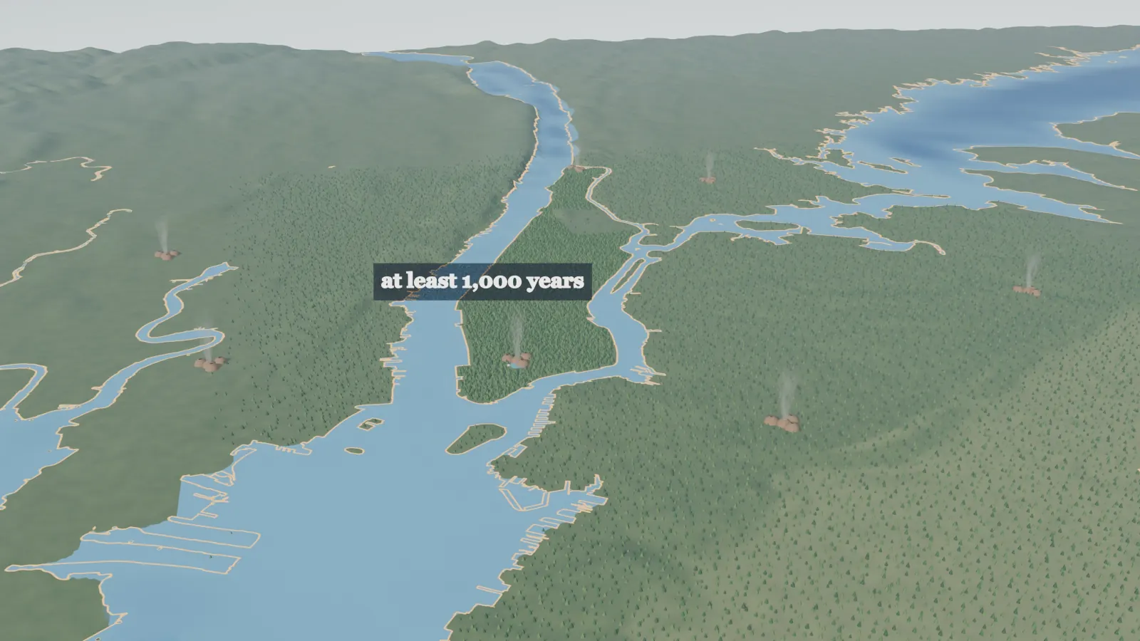 Animated map of the New York harbor before 1609: forested shores and rivers, with smoke rising from Lenape settlements.
