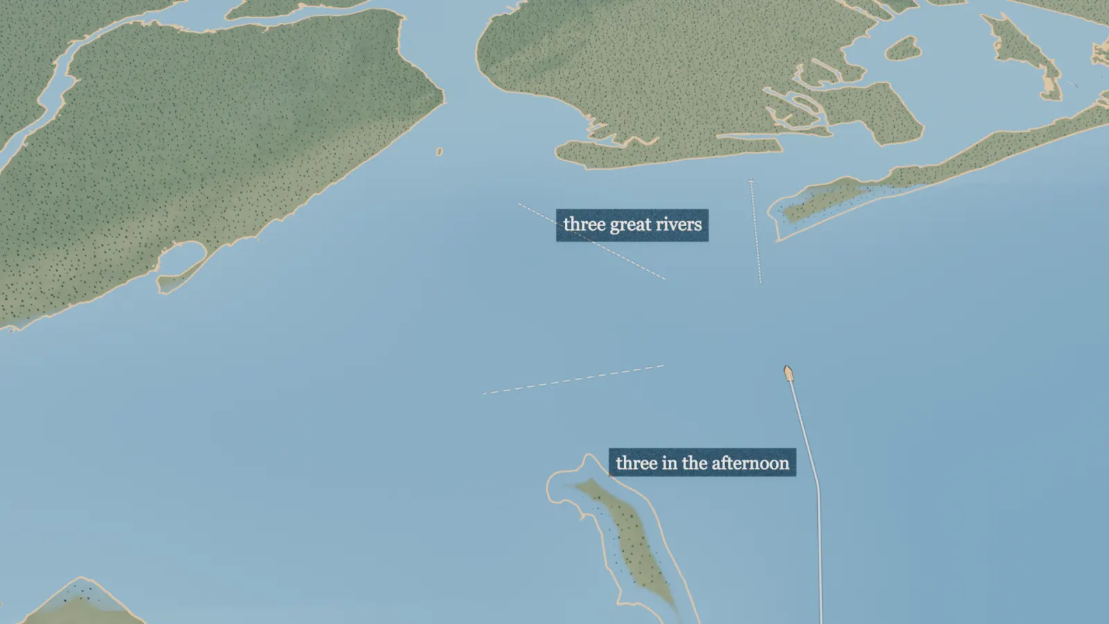 Animated map of the harbor's mouth on September 3, 1609: lines mark three great rivers, and the ship's track comes in from the south.
